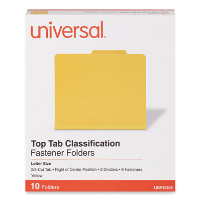 Pressboard Classification Folders, 2/5-Cut Tab, Expands 2", 2 Dividers, 6 Fasteners, Letter Size, Yellow, 10/Box