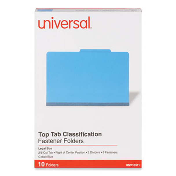 Pressboard Classification Folders, 2/5-Cut Tab, Expands 2", 2 Dividers, 6 Fasteners, Legal Size, Cobalt Blue, 10/Box