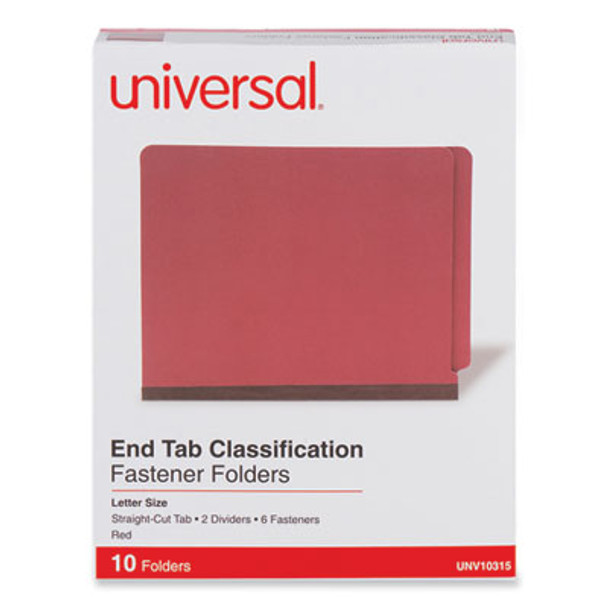 Red Pressboard End Tab Classification Folders, Straight Tab, Expands 2", 2 Dividers, 6 Fasteners, Letter Size, Red, 10/Box