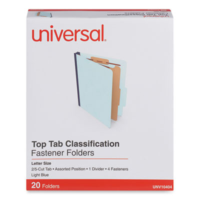 Pressboard Classification Folders, 2/5 Tab: Assorted, Expands 1.75", 1 Divider, 4 Fasteners, Letter Size, Light Blue, 20/Box
