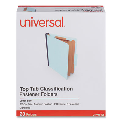 Pressboard Classification Folders, 2/5 Tab: Assorted, Expands 2.5", 2 Dividers, 6 Fasteners, Letter Size, Light Blue, 20/Box