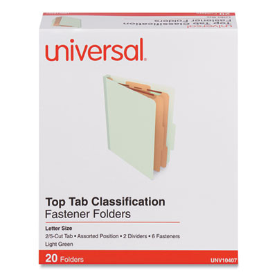 Heavy-Duty Pressboard Classification Folders, 2/5 Tab: Assorted, 2 Dividers, 6 Fasteners, Letter Size, Light Green, 20/Box