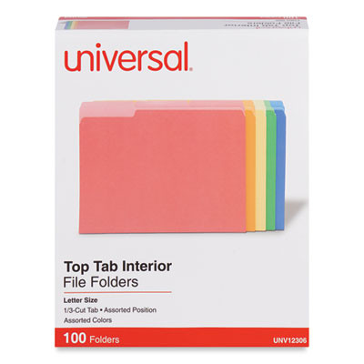 Interior File Folders, 1/3-Cut Tabs: Assorted, Letter Size, 11-Pt Stock, Assorted Colors, 100/Box