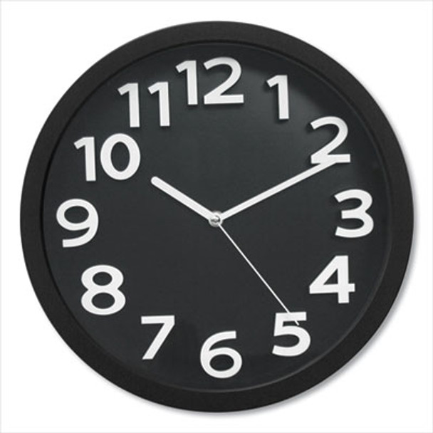 Wall Clock With Raised Numerals And Silent Sweep Dial, 13" Overall Diameter, Black Case, Black Face, 1 Aa (Sold Separately)
