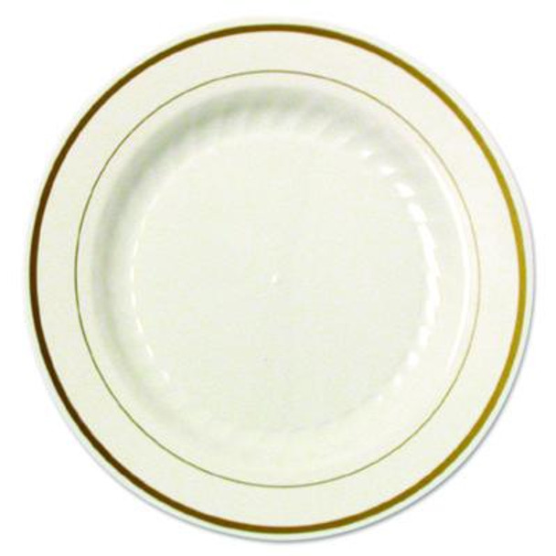 Masterpiece Plastic Plates, 9" Dia, Ivory/Gold, 10/Pack, 12 Packs/Carton