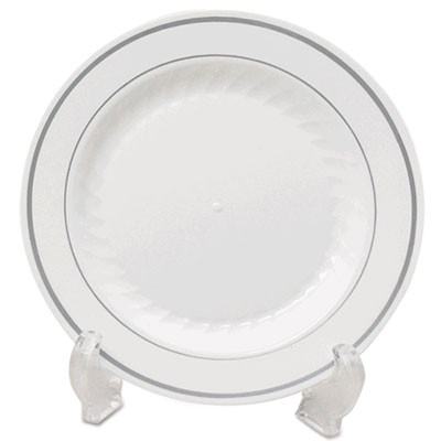 Masterpiece Plastic Dinnerware, Plate, 9" Dia, White/Silver, 12/Pack, 10 Packs/Carton