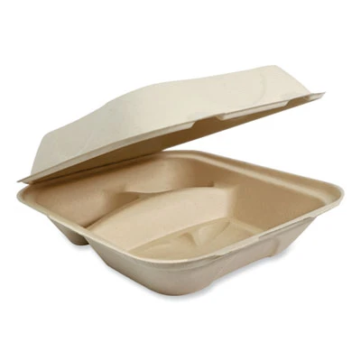 Fiber Hinged Takeout Containers, 3 Compartments, 8.8 x 8.2 x 2.9, Natural, Paper, 300/Carton