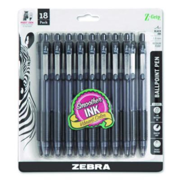 Z-Grip Ballpoint Pen, Retractable, Medium 1 Mm, Black Ink, Clear/Black Barrel, 18/Pack