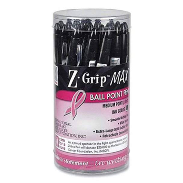 Z-Grip Max Breast Cancer Awareness Ballpoint Pen, Retractable, Bold 1.2 Mm, Black Ink, Silver/Black Barrel, 24/Pack