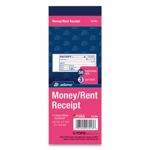 Receipt Book, Three-Part Carbonless, 2.75 x 7.19, 50 Forms Total