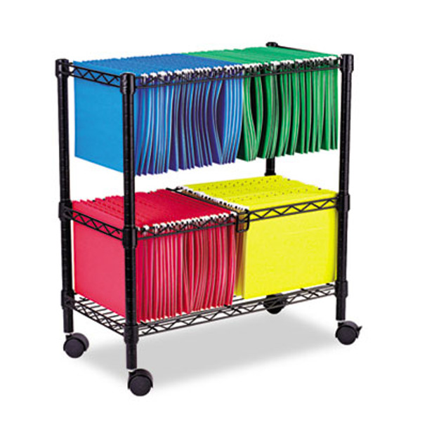 Two-Tier File Cart For Front-To-Back + Side-To-Side Filing, Metal, 1 Shelf, 3 Bins, 26" x 14" x 29.5", Black