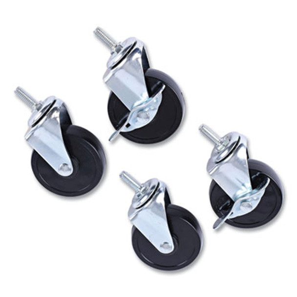Optional Casters For Wire Shelving, Grip Ring Stem, 3" Wheel, Black, 4/Set (2 Locking)