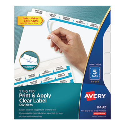 Print And Apply Index Maker Clear Label Dividers, Big Tab, 5-Tab, White Tabs, 11 x 8.5, White, 5 Sets