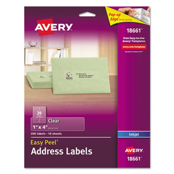 Matte Clear Easy Peel Mailing Labels W/ Sure Feed Technology, Inkjet Printers, 1 X 4, Clear, 20/Sheet, 10 Sheets/Pack