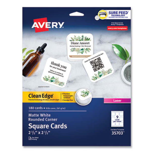 Square Clean Edge Cards With Sure Feed Technology, Laser, 2.5 x 2.5, White, 9 Cards/Sheet, 20 Sheets/Pack