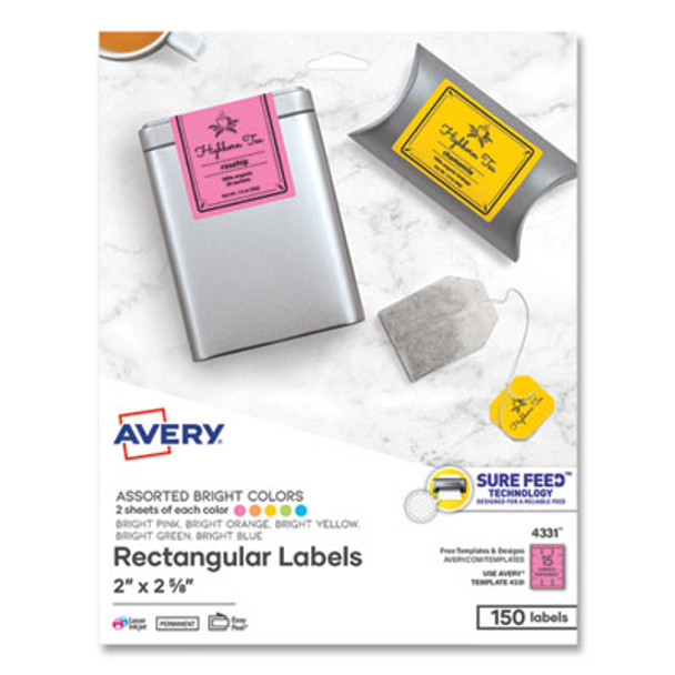 Printable Color Labels With Sure Feed And Easy Peel, 2 X 2.63, Assorted Colors, 15/Sheet, 10 Sheets/Pack