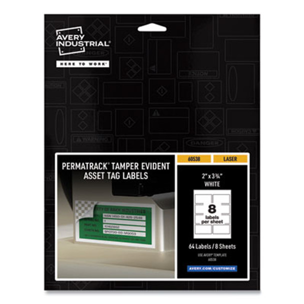 Permatrack Tamper-Evident Asset Tag Labels, Laser Printers, 2 X 3.75, White, 8/Sheet, 8 Sheets/Pack