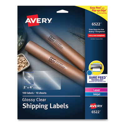 Glossy Clear Easy Peel Mailing Labels W/ Sure Feed Technology, Inkjet/Laser Printers, 2 X 4, Clear, 10/Sheet, 10 Sheets/Pack