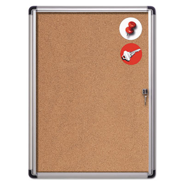 Slim-Line Enclosed Cork Bulletin Board With One Door, 28" x 38", Tan Surface, Satin Aluminum Frame