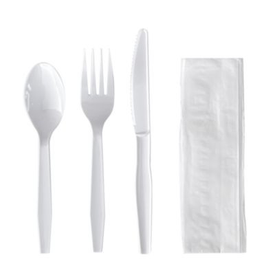 Four-Piece Polystyrene Cutlery Kit, Mediumweight, Fork/Knife/Napkin/Spoon, Plastic, White, 250/Carton