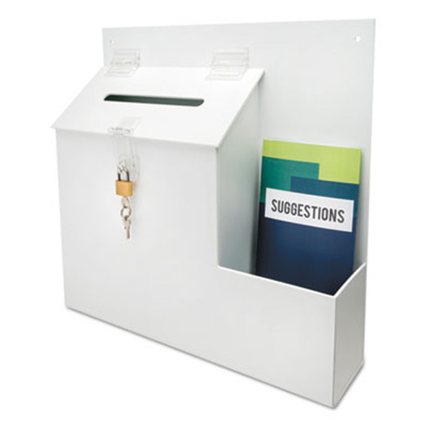 Suggestion Box Literature Holder With Locking Top, 13.75 x 3.63 x 13.94, Plastic, White