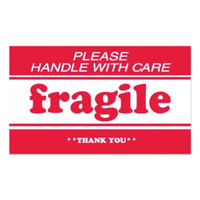 Pre-Printed Message Labels, Fragile-Please Handle With Care-Thank You, 2 X 3, White/Red, 500/Roll