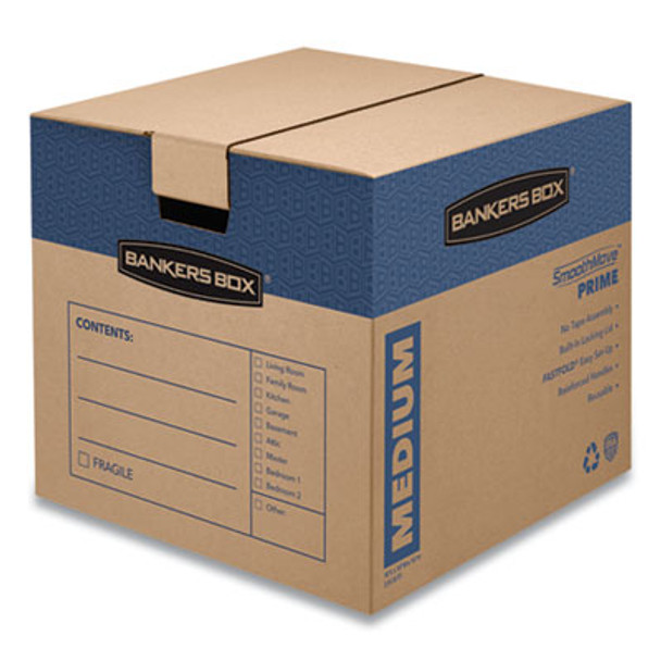 Smoothmove Prime Moving/Storage Boxes, Hinged Lid, Regular Slotted Container, Medium, 18" x 18" x 16", Brown/Blue, 8/Carton