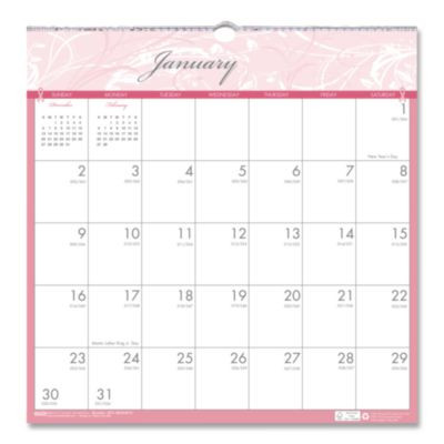 Recycled Monthly Wall Calendar, Breast Cancer Awareness Artwork, 12 x 12, White/Pink/Gray Sheets, 12-Month (Jan-Dec): 2026