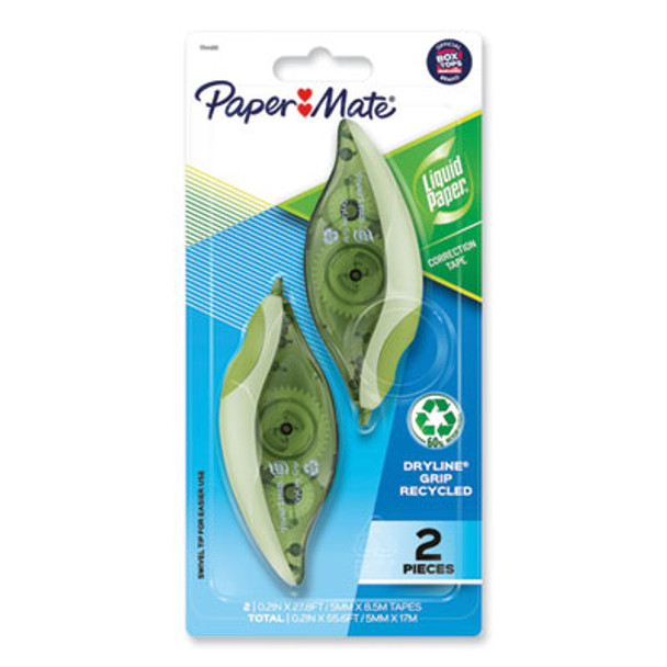Dryline Grip Correction Tape With Recycled Dispenser, Non-Refillable, 0.2" x 27.92 Ft, Translucent Green Dispenser, 2/Pack