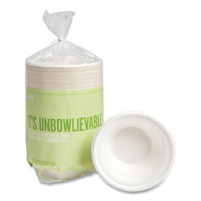 Pfas-Free Compostable Bagasse Bowls, Sugarcane, 12 Oz, White, 125/Pack