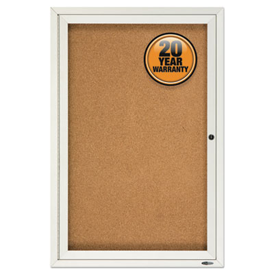 Enclosed Indoor Cork Bulletin Board With One Hinged Door, 24" x 36", Tan Surface, Satin Aluminum Frame