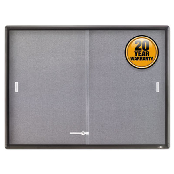 Enclosed Indoor Cork/Fabric Bulletin Board With 2 Sliding Glass Doors, 48" x 36", Gray Surface, Graphite Gray Aluminum Frame