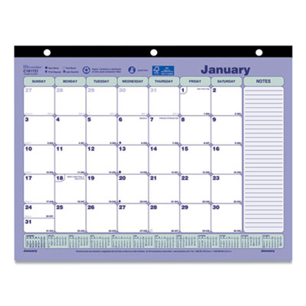 Monthly Desk Pad Calendar, 3-Hole Punched, 11 x 8.5, White/Blue/Green Sheets, Black Binding, 12-Month (Jan To Dec): 2026