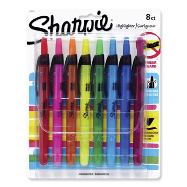 Retractable Highlighters With Storage Pouch, Assorted Ink Colors, Chisel Tip, Assorted Barrel Colors, 8/Set