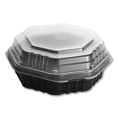 Octaview Hinged-Lid Hot Food Containers, 7.47 x 7.94 x 3.11, Black/Clear, Plastic, 100/Carton