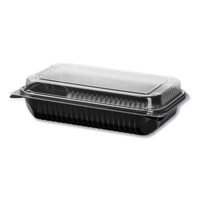 Hinged-Lid Dinner Box, 64 Oz, 11.5 x 8.1 x 3, Black/Clear, Plastic, 100/Carton