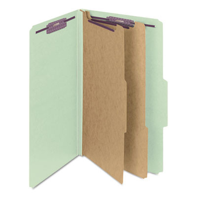 Pressboard Classification Folders, 2/5 Tab, Expands 2", 2 Dividers, 6 Safeshield Fasteners, Legal Size, Gray-Green, 10/Box