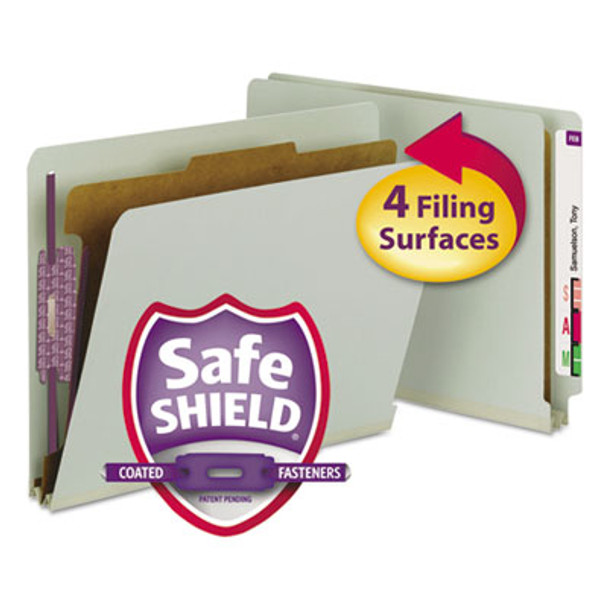 End Tab Pressboard Classification Folders, Expands 2", 1 Divider, 4 Safeshield Fasteners, Letter Size, Gray-Green, 10/Box
