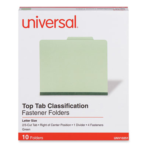 Pressboard Classification Folders, 2/5 Tab: Right Of Center, Expands 2", 1 Divider, 4 Fasteners, Letter Size, Green, 10/Box