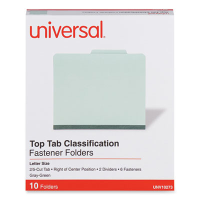 Pressboard Classification Folders, 2/5 Tab: Right Of Center, Expand 2", 2 Divider, 6 Fastener, Letter Size, Gray-Green, 10/Bx