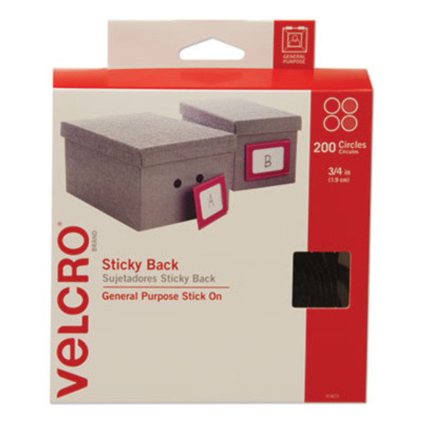 Sticky-Back Fasteners, Removable Adhesive, 0.75" Dia, Black, 200/Box