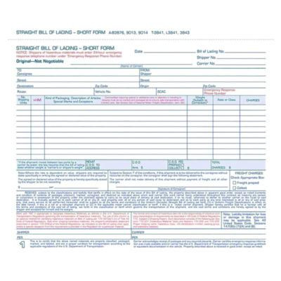 Bill Of Lading - Short Form For Up To Ten Articles, Three-Part Carbonless, 8.5 x 6.94, 250 Forms Total