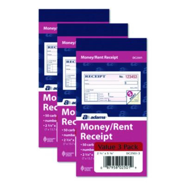 Money/Rent Receipt Book, Two-Part Carbonless, 4.88 x 2.75, 50 Receipts/Book, 3 Books/Pack