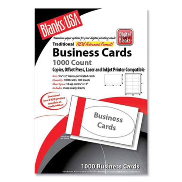 Printable Microperforated Business Cards, Copier/Inkjet/Laser/Offset, 2 x 3.5, White, 10/Sheet, 100 Sheets/Pack