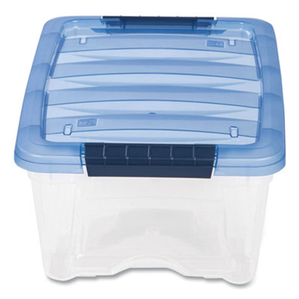 Stack And Pull Latching Flat Lid Storage Box, 3.23 Gal, 10.9" X 16.5" X 6.5", Clear/Translucent Blue