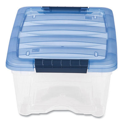 Stack And Pull Latching Flat Lid Storage Box, 3.23 Gal, 10.9" X 16.5" X 6.5", Clear/Translucent Blue