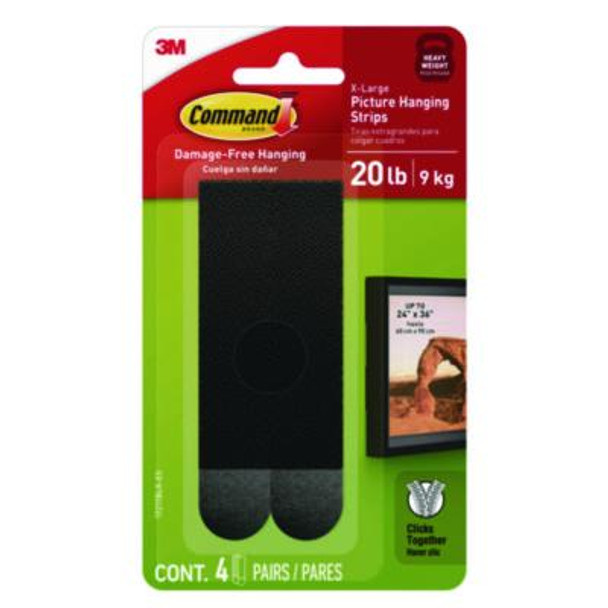 Picture Hanging Strips, X-Large, Removable, Holds Up To 20 Lbs Per 4 Strips, Black, 4 Strip Pairs