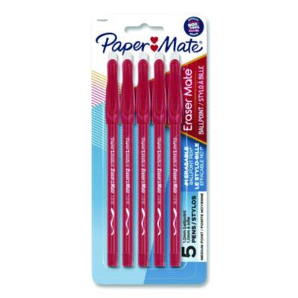 Eraser Mate Ballpoint Pen, Stick, Medium 1 Mm, Red Ink, Red Barrel, 5/Pack