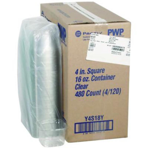 Pet Square Container, 16 Oz, 4 x 4 x 3, Clear, Plastic, 480/Carton