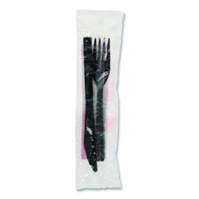 Gardenware Cutlery Kit, Individually Wrapped, Heavyweight, Fork/Knife/Napkin, Plastic, Black, 500/Carton